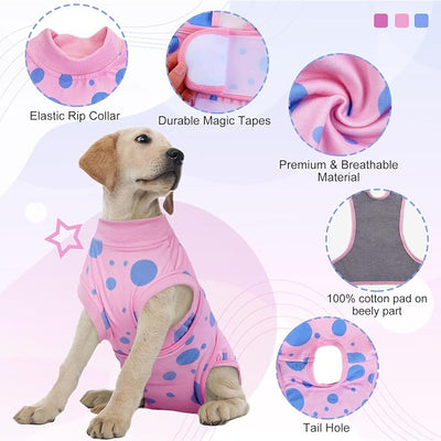Kuoser Dog Surgery Suit, Soft Dog Spay Recovery Suit Female, Anti Licking Neuter Recovery Suit for Male Dogs, Post-Op Pet Surgical Suit Protective Wear E-Collar & Cone Alternative,Pink Polka Dots L