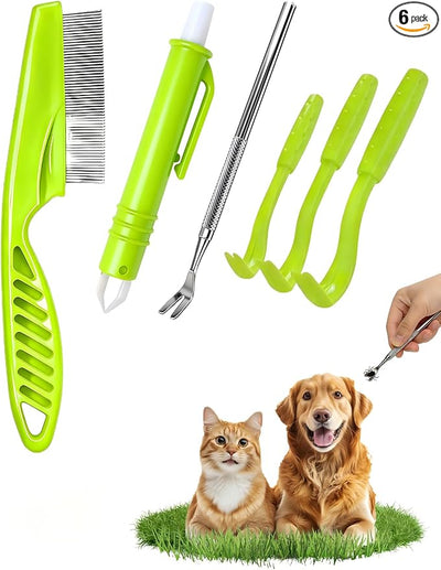 Tick Removal Tool 6 in 1, Pet Tick Remover Kit with Flea Comb, Portable Outdoor Stainless Steel Control Fork, 3 Ultra-Safe Tick Twister for Dogs, Cats, Horses & Humans (Green)