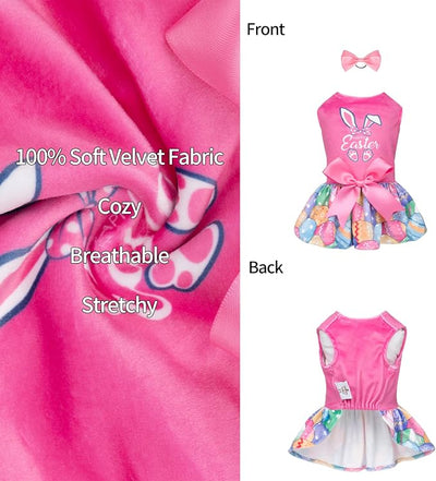 CuteBone Happy Easter Eggs Dog Dress Velvet for Small Dogs Girl Pink Puppy Dresses Dog Clothes