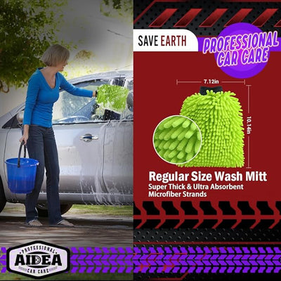 AIDEA Car Wash Mitt Microfiber, 4PK, Car Wash Brush, Green, 7.12''X10.14'' | Scratch Free Lint-Free, Premium Chenille Microfiber Mitt, Cleaning Supplies, Regular Size