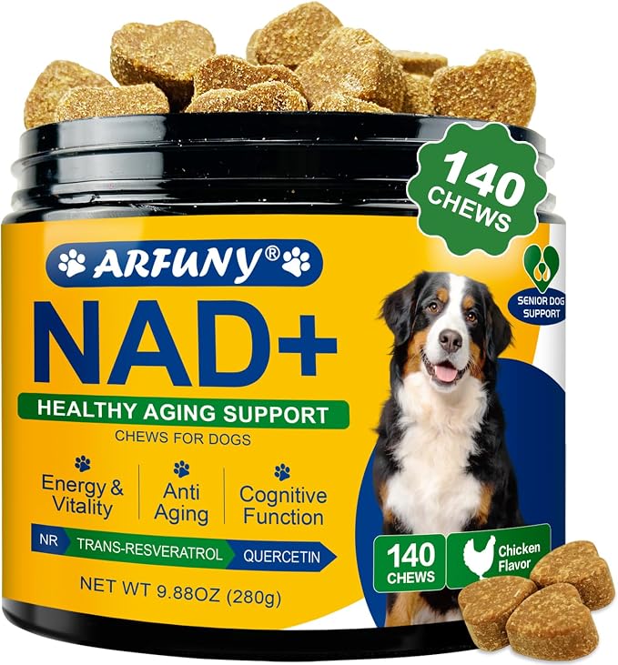 NAD Supplement for Dogs - NAD Soft Chews for Senior Dogs - Energy & Vitality, Anti-Aging, Cognitive Function - NR, Trans-Resveratrol, Quercetin, Glucosamine HCI - 140 Chews, Chicken Flavor