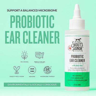 SKOUT'S HONOR Probiotic Dog Ear Cleaner Solution with Aloe Vera - Alcohol-Free, Fragrance-Free, Non-Medicated Ear Wash for Dogs - Microbiome Friendly Certified, 4 oz.,