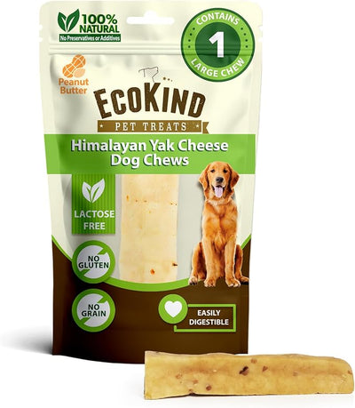 EcoKind Yak Cheese Himalayan Dog Chews, Yak Chews for Large Dogs, Long Lasting Bone for Aggressive Chewers, Only 4 Ingredients, Natural High Protein Treats, No Additives, Peanut Butter, Large - 1 Chew