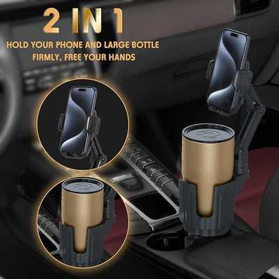 bokilino Phone Holders for Your Car, 2 in 1 Universal Cup Holder Expander Adjustable Base with Phone Mount, Long Arm with 360°Rotation Cup Holder Phones Mount for Car Compatible with All Smartphones