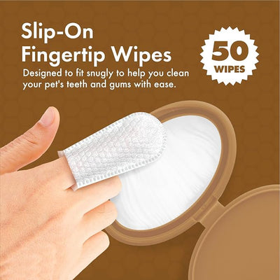 Petkin Fingertip Tooth Wipes for Dogs and Cats, 50 Finger Wipes - Slip-On, Snug Fit, Micro-Bristle Fabric - Cleans Teeth, Gums, Plaque & Tartar - Convenient, Ideal for Home and Travel - Peanut Butter
