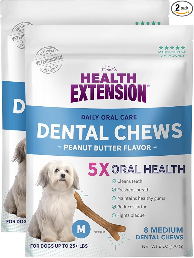 Health Extension Peanut Butter Dental Bones for Dogs, 8 Medium Bones, Healthy Gums, Freshens Breath, Cleans Teeth, Training or Reward, 6 oz Bag (Pack of 2)