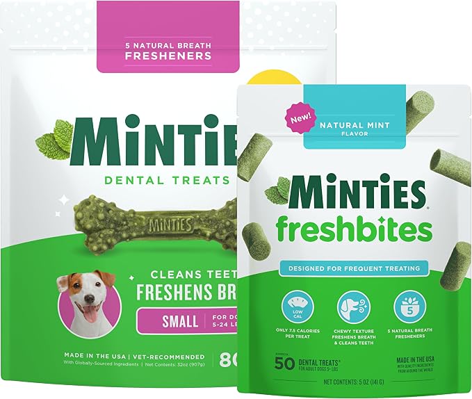 Minties Dog Dental Bone Treats, 80 Count FreshBites Soft and Chewy Dental Treats for Dogs, 50 Count