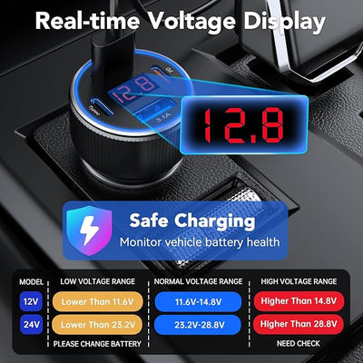4-Port USB C Car Charger Fast Charging, Car Phone Charger Adapter with 30W PD & QC3.0 Dual USB C & USB A Port Real-Time LED Voltmeter 12V/24V Cigarette Lighter Adapter for iPhone Galaxy & Android