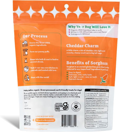 Lord Jameson Cheddar Charm | Light & Crunchy Love Puffs Collection | Organic Dog Treats, Cheese Recipe, Gluten-Free, Preservative-Free, USDA Certified Organic. Made in USA