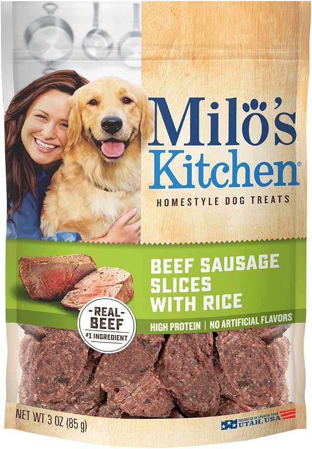 Milo's Kitchen Home-Style Dog Treats 100% Real Beef Sausage Slices With Rice 3 Oz.