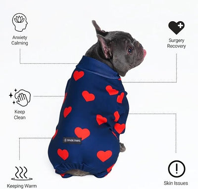 Spark Paws Dog Pajama, Dog Recovery Suit Male, Onesie, Ultra-Soft and 4-Way Stretch, for Small Medium and Large Breeds - Hearts - S