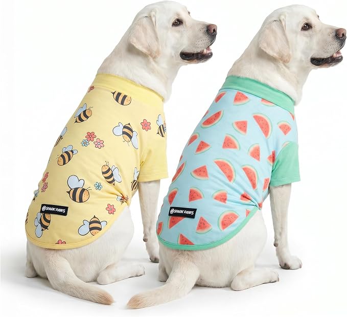 Spark Paws Sunblock Dog T-Shirt, SPF30 Protection, Lightweight Breathable Quick Dry for Dogs with Sensitive Skin - Bees & Watermelon (Set of 2) - Size 2XL