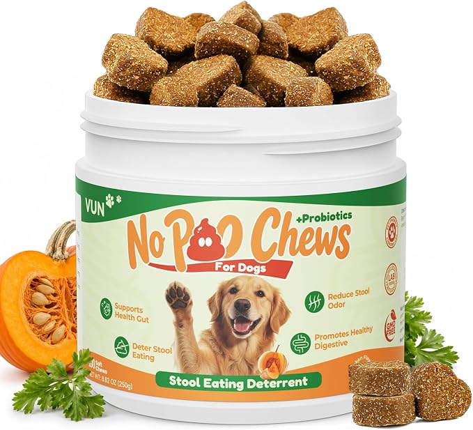 VUN No Poo Chews for Dogs – Coprophagia Stool Eating Deterrent for Dogs,Stop Poop Eating,Reduce Stool Odor & Support Digestion with Pumpkin, Digestive Enzymes & Yucca – 100 Soft Chews