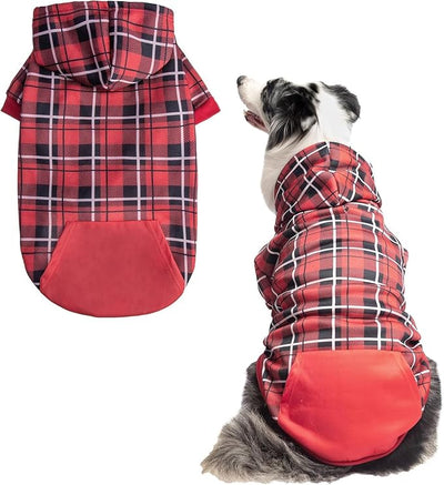 EXPAWLORER Plaid Dog Hoodie - British Style Warm Dog Sweater Shirt with Leash Hole,Pitbull Clothes Outfits,Winter Coat Apparel for All Breeds Puppy Girl Boy-Cat Apparel,Red Large