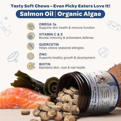 ZEBORA Salmon Oil for Dogs Skin and Coat - Omega 3 6 9 Fish Oil Soft Chews for Dogs Itchy Skin Relief - Dog Fish Oil Supplements EPA DHA Rich with Vitamins C & E - Allergy Relief & Shedding, 120 Ct