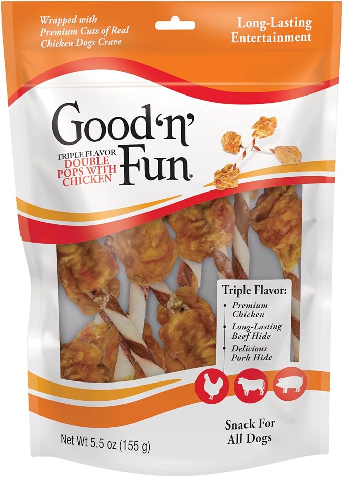 GOOD 'N' FUN Double Pops Long-Lasting Dog Treat, with Real Proteins, Beef Hide and Premium Chicken, Supports Dental Health, Mental Stimulation, 5.5 oz
