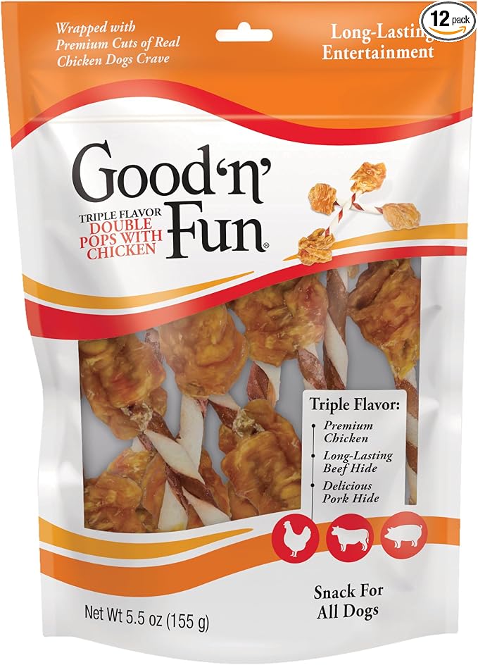 GOOD 'N' FUN Triple Flavor Double Pops Treats for Dogs, Long-Lasting Chews Made with Real Chicken, Beef Hide and Pork Hide, 5.5 oz (Pack of 12)