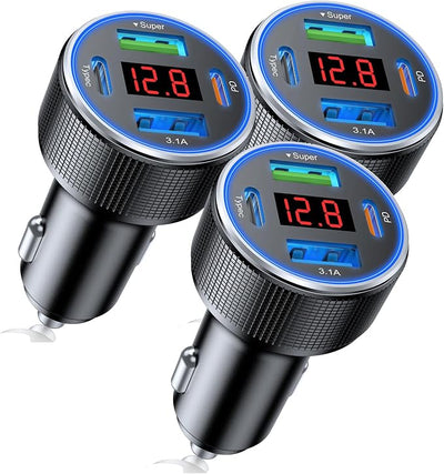 4-Port USB C Car Charger 78W PD Fast Charging 3-Pack | Metal & Safe: Voltage display tracks battery. Smart chip protects devices. Universal fit for all phones, cars & family trips.