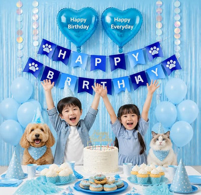 Pet Birthday Decorations Set for Boy Dog & Cat, Birthday Party Supplies with Blue Fringe Backdrop, Happy Birthday Banner & Heart Balloons, Cute Photo Props for Pet Milestone