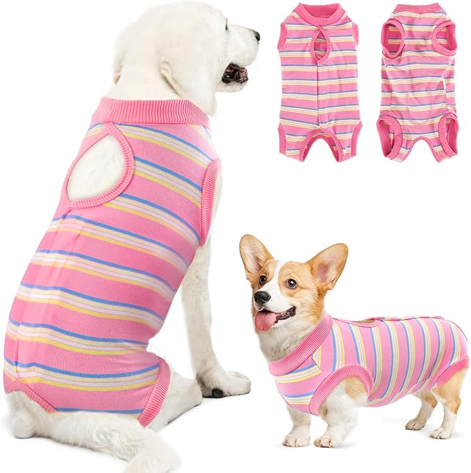 Lukovee Recovery Suit for Dogs, Onesie Surgery Recovery Suit for Female Male Dogs, Abdominal Wounds Cone E-Collar Alternative Prevent Licking Spay Recovery Suit (Pink Stripes,S)