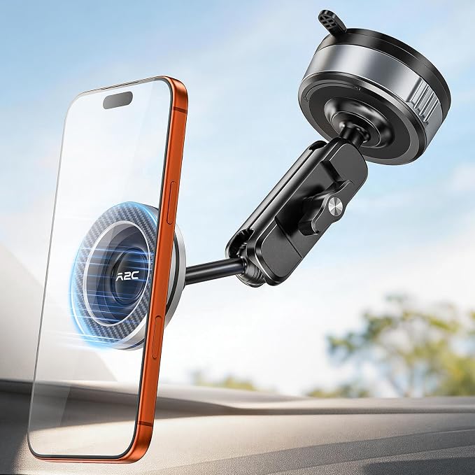 APPS2Car Car Phone Mount for MagSafe, Magnetic Suction Cup Holder | Windshield & Dashboard Mount, Aluminum Tri-Pivot Arm, 67mm Gel-Lock Twist-Lock Suction Cup, Universal Phone Compatibility