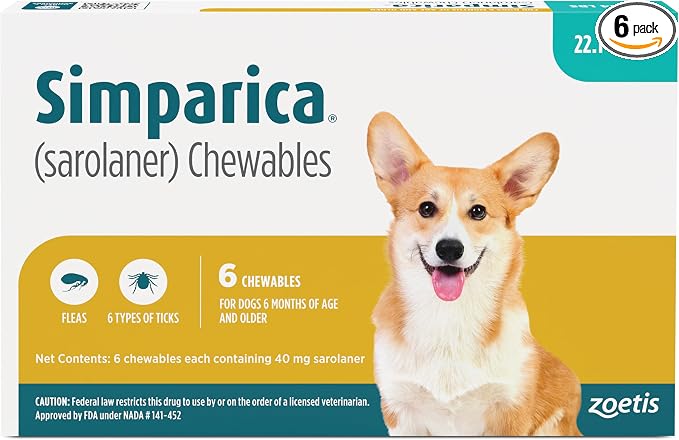 Simparica (sarolaner) Chewables for Dogs, 40 mg/tab, 22.1-44 lbs (Blue), 6 Tablets