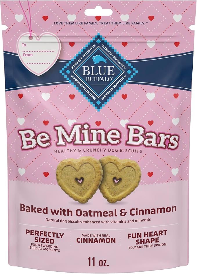 Blue Buffalo Be Mine Bars Heart-Shaped Healthy & Crunchy Dog Biscuits, Natural Valentine’s Dog Treats, Baked with Oatmeal & Cinnamon, 11-oz Bag
