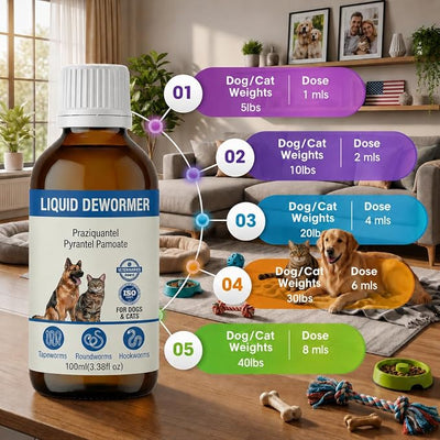 Dog & Cat Dewormer, Liquid Dewormer for Dogs & Cats -8Weeks+, Cat Wormer for All Worms, Removes Roundworm & Hookworm (Pyrantel Pamoate), for Pets 6-60 lbs and Over, 3.5 fl oz