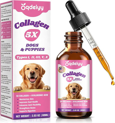 Premium Liquid Collagen for Dogs – 5 Types of Collagen Supplements & Drops for Dogs with Glucosamine, Chondroitin, MSM, Hyaluronic Acid & Probiotic – Supports Healthy Skin, Joints & Gut -60ml
