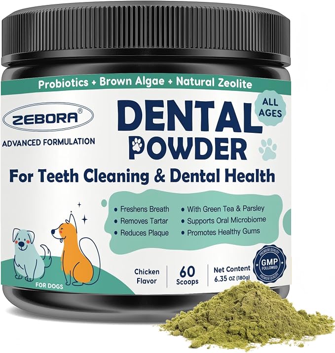 ZEBORA Dog Teeth Cleaning Powder - Dog Breath Freshener Dental Powder, Targets Bad Breath, Plaque Off & Tartar Remover, Natural Dental Care for Healthy Gums, 180g