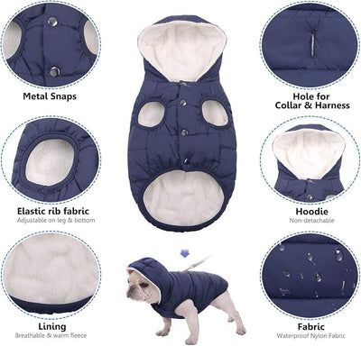 SAWMONG Waterproof Dog Winter Coat, Warm Fleece Lined Dog Jacket with Hood, Windproof Puppy Coat, Pet Apparel Vest Outdoor&Indoor Winter Activities(Blue,XS)