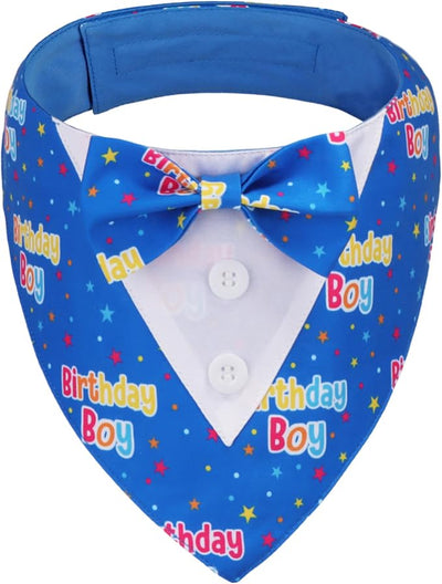 ADOGGYGO Birthday Boy Dog Tuxedo Bandana, Blue Collar with Bow Tie, Adjustable Formal Birthday Costume for Small Dogs (S)