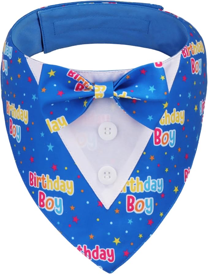 ADOGGYGO Birthday Boy Dog Tuxedo Bandana, Blue Collar with Bow Tie, Adjustable Formal Birthday Costume for Extra Small Dogs (XS)