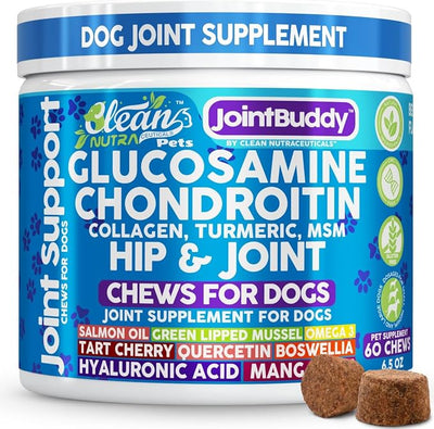 JointBuddy Glucosamine Chondroitin Joint Supplement for Dogs Salmon Oil MSM Tart Cherry Omega 3 6 9 Fish Oil Hyaluronic Acid Supplements & Collagen for Dogs 60 Chews Beef Flavor by Clean Nutra Pets