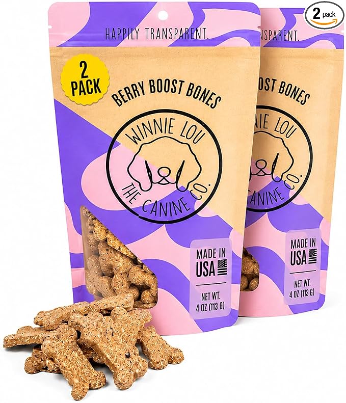 Winnie Lou Organic Dog Treats – Natural Dog Biscuits, USA Made, Organic Ingredients, Clean, Sensative Stomach, All Breed Sizes, High Protein, Hypoallergenic, Berry Boost Bones (Pack of 2)