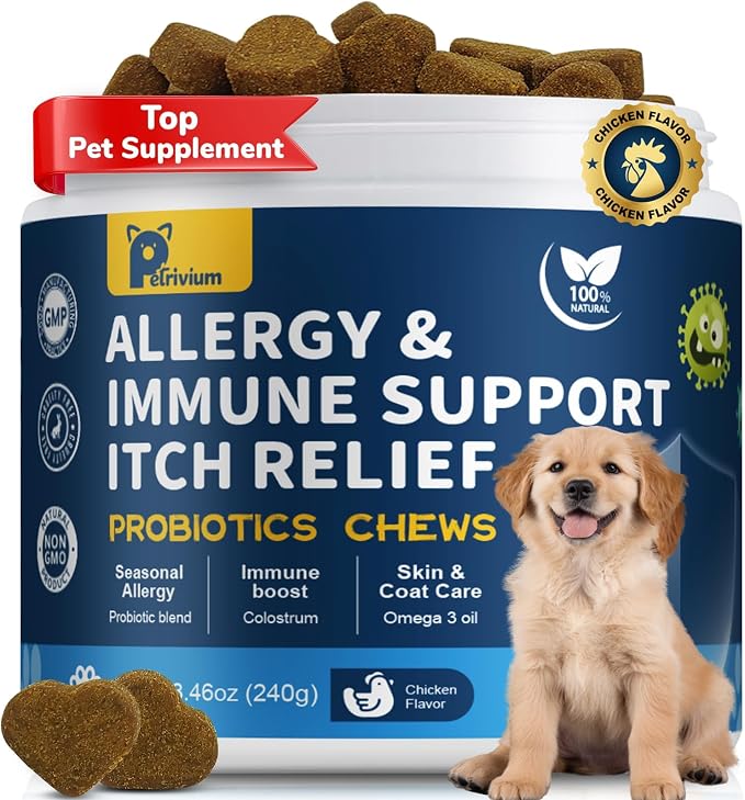 Dogs Allergy Relief Chews, Dog Probiotics for Skin & Immune Support Helps Relieve Itchy Skin & Ear, Dog Allergy Supplement for Paw Licking, Itching Skin Relief with Colostrum, Fish Oil