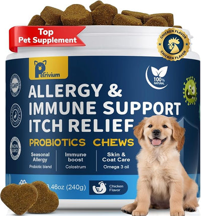 Dogs Allergy Relief Chews, Dog Probiotics for Skin & Immune Support Helps Relieve Itchy Skin & Ear, Dog Allergy Supplement for Paw Licking, Itching Skin Relief with Colostrum, Fish Oil