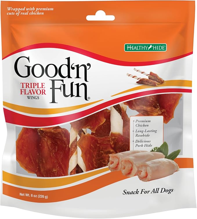 Good ‘n’ Fun Triple Flavor Wings Chews for All Dogs, Treat Your Dog to Long-Lasting Chews Made with Chicken, Beef Hide and Pork Hide, 8 oz