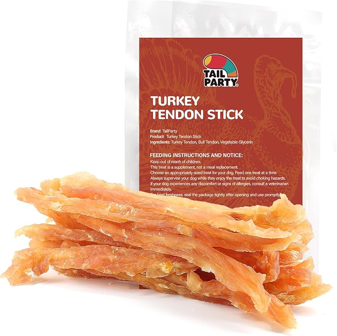 TailParty Turkey Tendons for Dogs (Strip, 8 oz), All Natural Dental Chews, Rawhide Alternative, Long-Lasting Training-Reward Treats for Health-Conscious Pet Owners