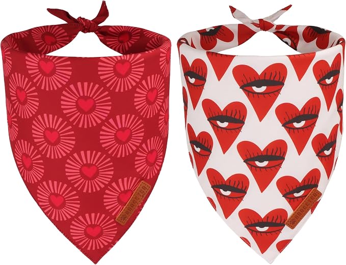 ADOGGYGO Valentines Dog Bandana 2 Pack, Heart Sunburst Eyelash Print Puppy Scarf, Durable Fabric, Red Pink Valentine Bandanas for Small Dogs (Small)