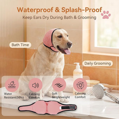 Dog Ear Cover for Hematoma,Bathing,Grooming,Drying,Fashion No Shake Ear Wraps for Dogs Ear Muffs Noise Protection Anxiety Relief,Waterproof Dog Calming Hoodie Shower Cap(Pink,M)