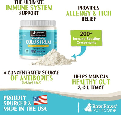 Raw Paws Pet Bovine Colostrum for Dogs Allergies & Immune Support (5-Ounce) - Made in USA - Colostrum for Cats - Senior Dog Supplements - Itchy Skin Treatment - All Ages, Sizes & Breeds
