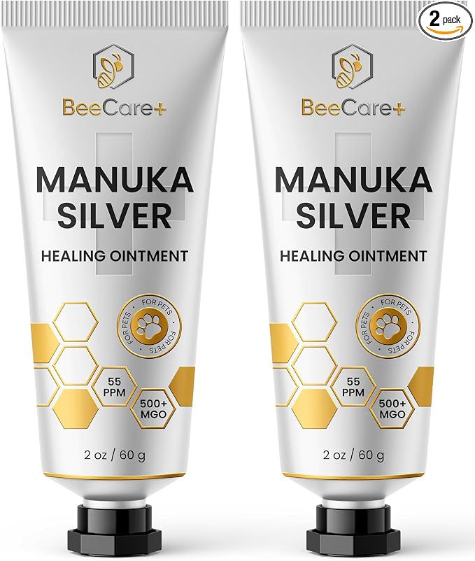 2-Pack Manuka + Silver Healing Ointment in a 2-oz Tube – Hot Spot Treatment for Dogs and Cats – Scratches, Burns & Irritations Care with 55-PPM Colloidal Silver and 500+ MGO Manuka Honey
