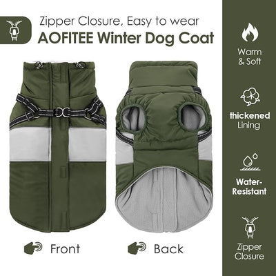 AOFITEE Dog Winter Coat, Dog Coat with Harness Built in, Dogs Jacket for Large Dogs, Reflective Waterproof Pet Puffer Jacket Snowsuit, Warm Fleece Windproof Pet Sweater for Cold Weather, XL