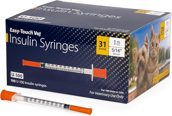 Easy Touch U-100 Pet Insulin Syringes for Dogs & Cats – 31G 1cc 5/16" Needle, Half-Unit Markings for Precise Dosing, Compatible with U-100 Insulin, Box of 100