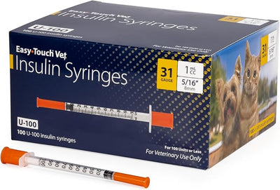 Easy Touch U-100 Pet Insulin Syringes for Dogs & Cats – 31G 1cc 5/16" Needle, Half-Unit Markings for Precise Dosing, Compatible with U-100 Insulin, Box of 100
