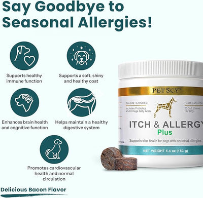 PetScy Itch & Allergy Plus Dog Allergy Chews for Itchy Skin, Ears & Paws | Colostrum, Probiotics & Quercetin | Dog Allergy Relief for Skin Redness, Hair Loss, Immunity and Digestive Health - 60 Chews