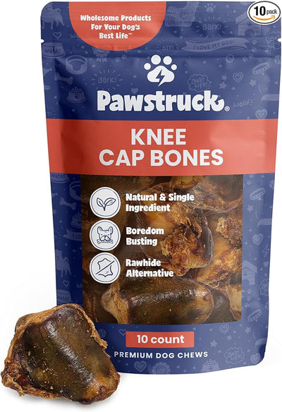 Pawstruck Natural Knee Cap Dog Bones - Treats for Aggressive Chewers, Low Fat & High Protein Chews, Beef Flavor, Long-Lasting Rawhide Alternatives - 10 Pack, Packaging May Vary