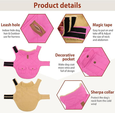 Winter Coat for Small and Medium Dogs, Puppy Plaid Jacket, Cotton Coat for Cold Weather, Windproof Warm Dog Garments, Pet Thickened Outfits Indoor Outdoor, Pink XS
