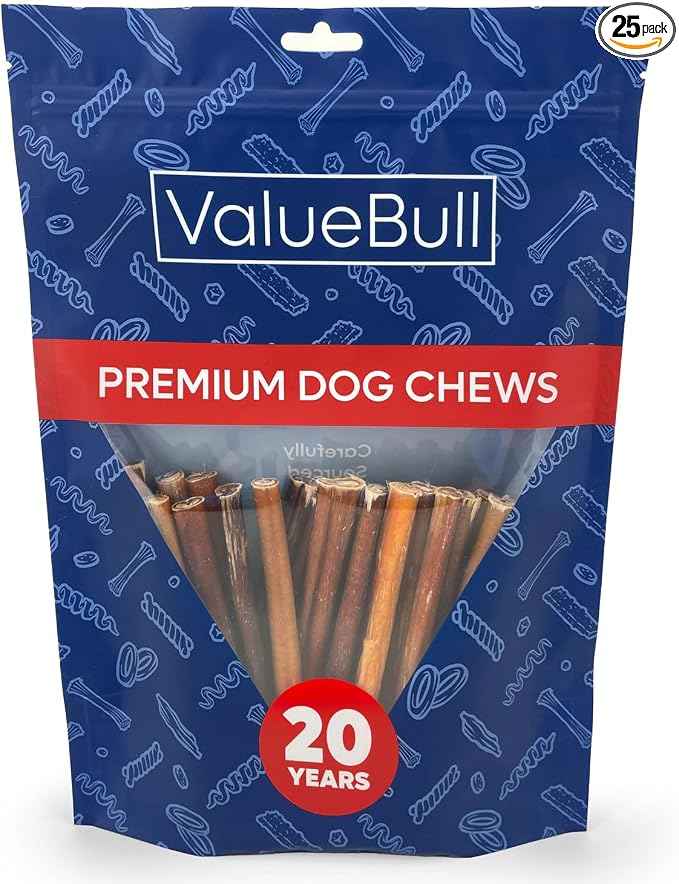 ValueBull Bully Sticks for Small Dogs, Thin 6 Inch, 25 Count - All Natural, Grass Fed, Single Ingredient, Long Lasting Dog Treats